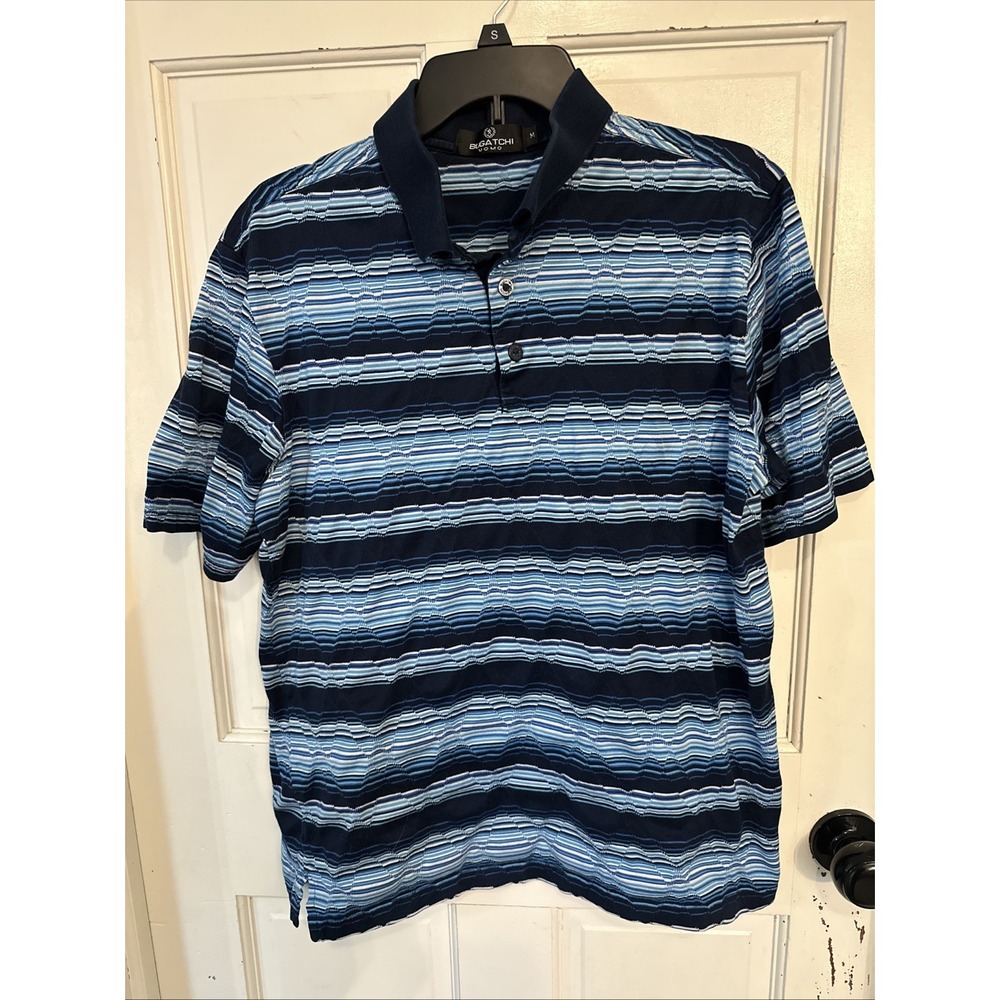 Bugatchi Uomo Mercerized Egyptian Cotton Striped Pattern & Texture Polo M Blue